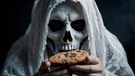Halloween concept. Scary skeleton in white cloak with chocolate chip cookies.の素材