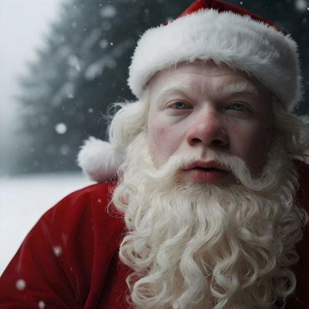 Portrait of santa claus in red coat and hat outdoors.の素材