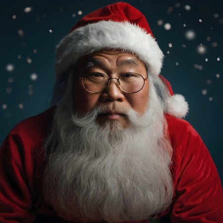 Portrait of a senior Asian man wearing santa claus clothes and eyeglassesの素材