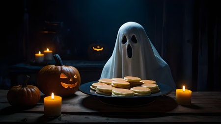 Halloween concept. Cookies in the shape of a ghost on a dark background. Selective focus.の素材