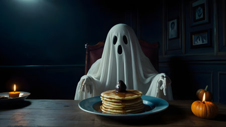Halloween concept. Halloween pancake with ghost on dark background.の素材