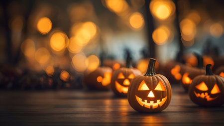 Halloween pumpkins on wooden background with bokeh lights.の素材