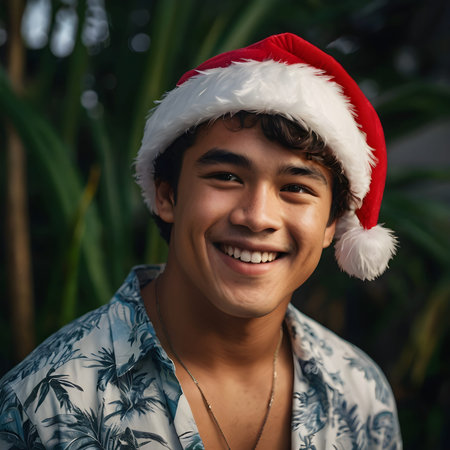 Portrait of a young asian man with santa hat smilingの素材