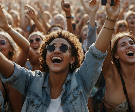 Cheerful young woman with Afro hairstyle and sunglasses dancing at music festivalの素材