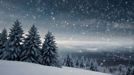 Snowfall in the mountains. Beautiful winter landscape with snowy fir treesの素材