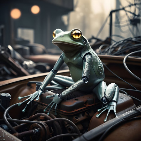 Frog toy on the background of the old car. Retro style.の素材
