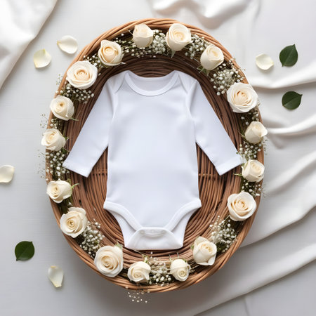 White baby bodysuit on wicker basket with white roses, top viewの素材