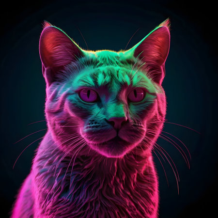 Cat with pink eyes on a dark background. 3d rendering.の素材