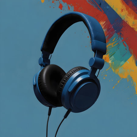 Headphones on abstract colorful background. Music concept. 3D Renderingの素材