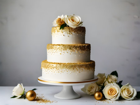 wedding cake decorated with gold glitter on a white background.の素材