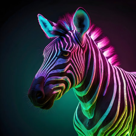 Zebra head with colorful neon lights on a black background. 3d renderingの素材