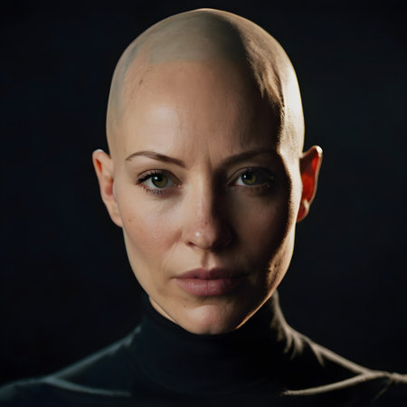 Portrait of a beautiful woman with green eyes and a bald headの素材