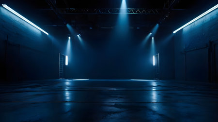 Empty warehouse with lights in a dark room. 3d rendering.の素材