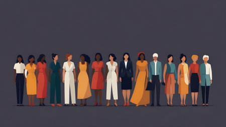 Group of diverse women standing together. Vector illustration in flat style.の素材