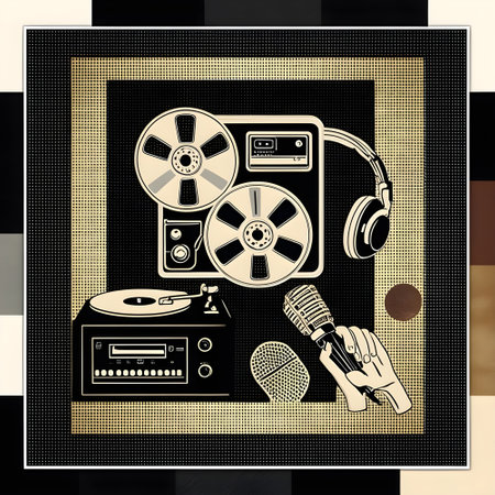 Retro music background with a tape recorder and headphones. Vector illustration.の素材