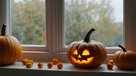 Halloween pumpkin head jack o lantern on window sill with autumn leavesの素材