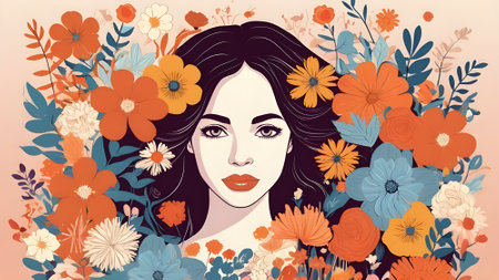 Beautiful young woman with flowers. Vector illustration in retro style.の素材