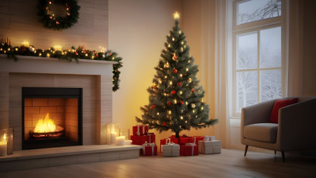 Christmas tree in the living room with a fireplace. 3d renderingの素材