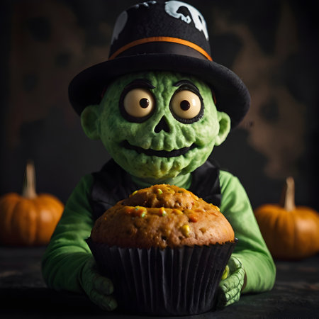 Halloween pumpkin cupcake with scary green ghost face. Halloween food concept.の素材