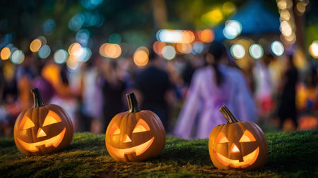 Halloween pumpkins on green grass with people in background at nightの素材