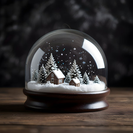 Snow globe with house and christmas tree inside on wooden background.の素材