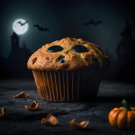 Homemade muffin with blueberries on dark background. Halloween conceptの素材