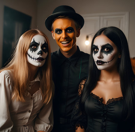 Halloween party. Two beautiful young women and a man in costumes of skeleton.の素材