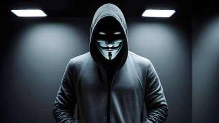 Hooded man in a dark room looking at the camera.の素材