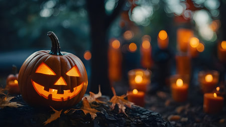 Halloween pumpkin head jack lantern in the cemetery with candles and autumn leavesの素材