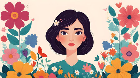 Beautiful girl with flowers. Vector illustration in a flat style.の素材
