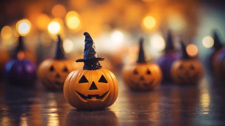 Halloween pumpkin lanterns and witch hat on bokeh backgroundの素材