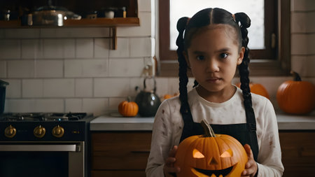 Little girl in apron with braids holding Halloween pumpkin in kitchenの素材