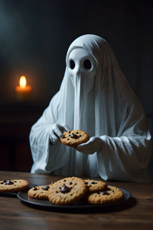 Halloween concept: ghost with chocolate chip cookies on dark background.の素材