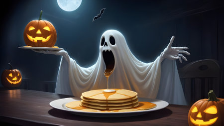 Halloween pumpkin pancake with ghost and ghost, 3d renderの素材
