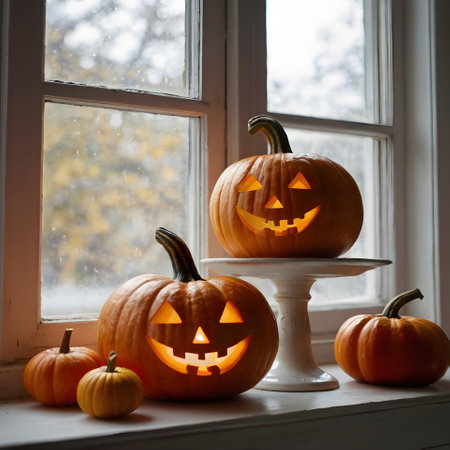 Halloween pumpkins on the windowsill in the background of the windowの素材