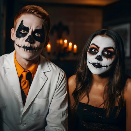 Young couple in love with halloween makeup. Halloween party.の素材