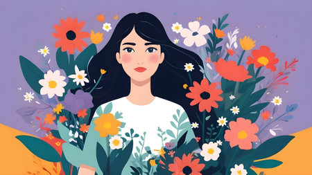 Beautiful girl with flowers. Vector illustration in a flat style.の素材