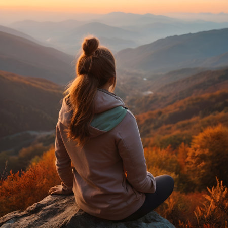 Young woman sitting on the edge of a cliff and looking at the sunsetの素材