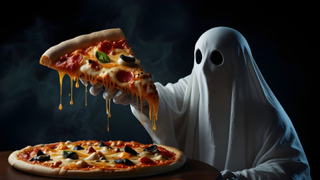 Halloween concept. Scary ghost eating pizza on dark background.の素材