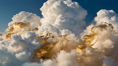 3D illustration of clouds in the blue sky and golden sunlight.の素材