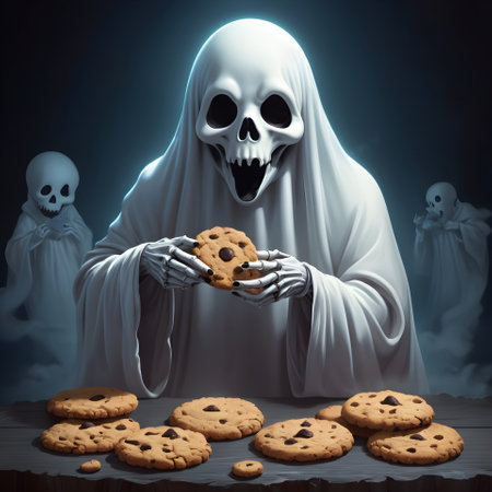 Halloween concept with skull holding cookies in front of a dark backgroundの素材