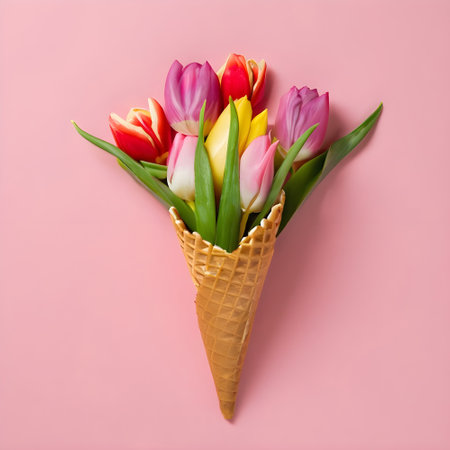 Waffle cone with tulips on pink background. Flat lay, top viewの素材