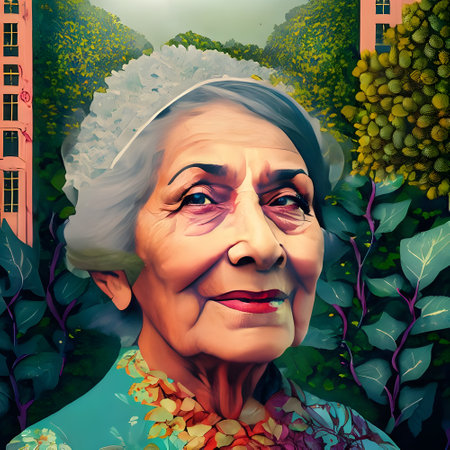 3D illustration of an old woman's face in a garden.の素材