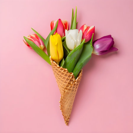 Ice cream cone with tulips on pink background. Flat lay, top viewの素材