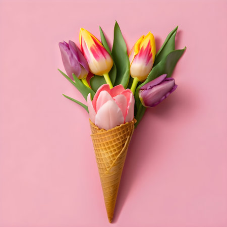 Ice cream cone with tulips on pink background. Flat lay, top viewの素材