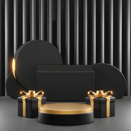Podium, pedestal or platform for product presentation. Black luxury podium with gold ribbon and bow. 3d renderの素材