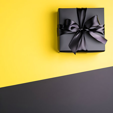 Black gift box with black ribbon on a yellow and black background.の素材