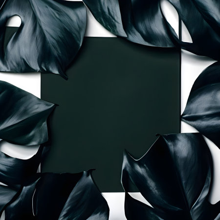 Creative layout made of monstera leaves on black background. Flat lay, top view minimal summer concept.の素材