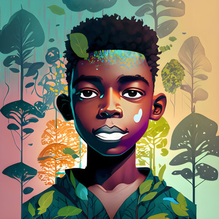 African american man with face in the jungle. Vector illustration.の素材