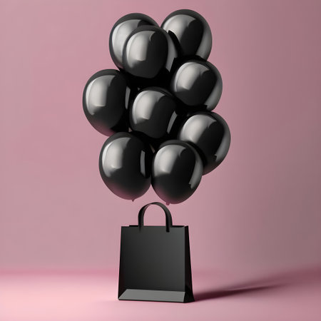 Black shopping bag with black balloons on pink background. 3d renderの素材